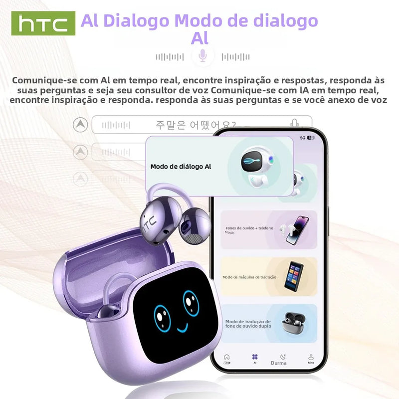 Fones de ouvido Bluetooth HTC NE32 V6.0 AI com tela sensível ao toque LCD, clipe para orelha OWS, fones de ouvido sem fio, tradutor, fones de ouvido com redução de ruído para chamadas