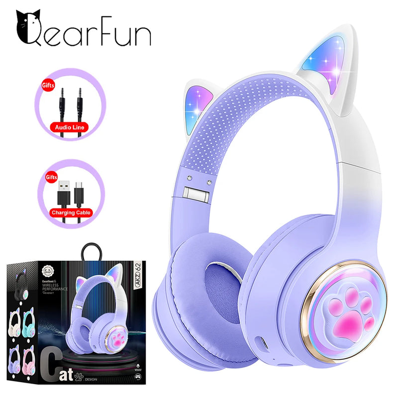 Fones de Ouvido Sem Fio RGB com Orelhas de Gato para PC, Bonito Fone de Ouvido Bluetooth em Forma de Cápsula Espacial 3D, Fone de Ouvido Gamer Dobrável para Presentes de Crianças e Meninas