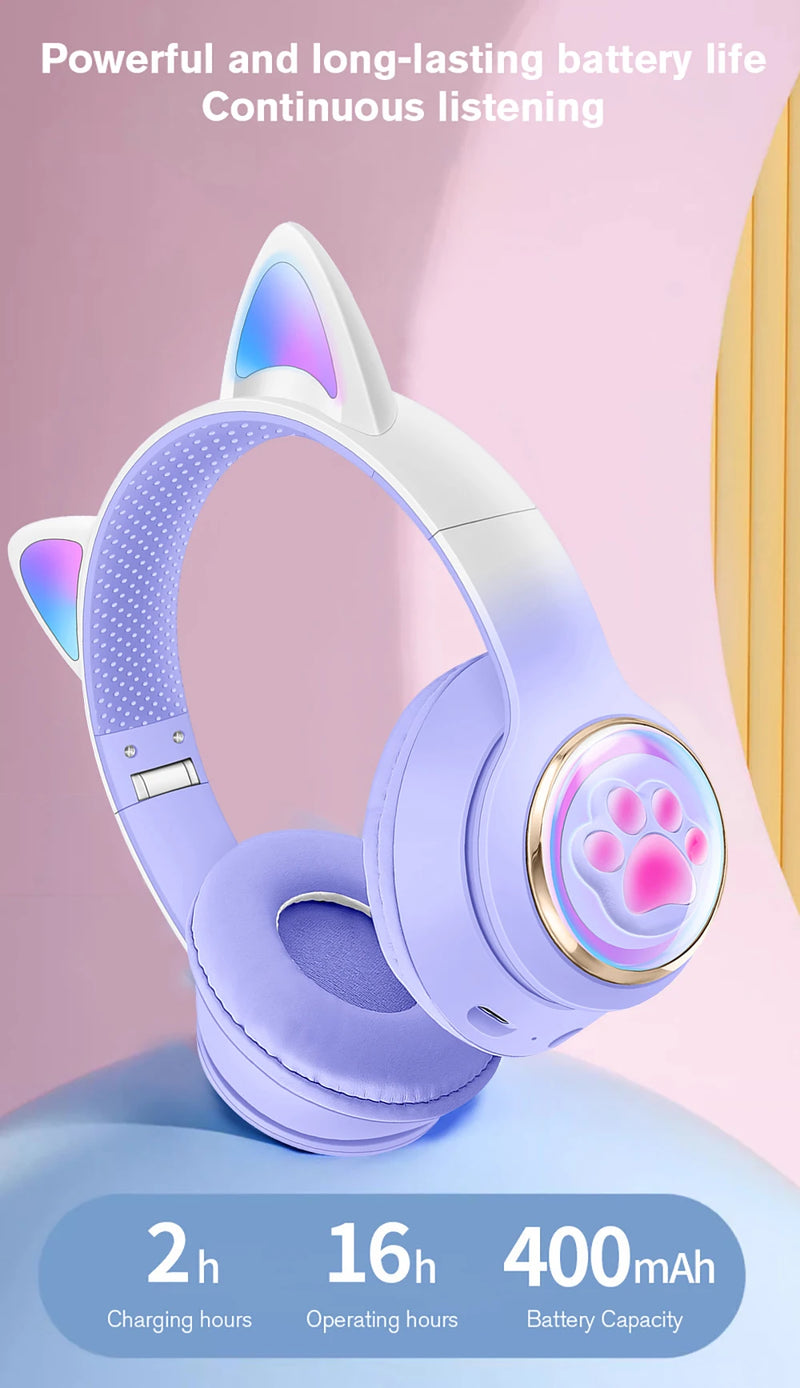 Fones de Ouvido Sem Fio RGB com Orelhas de Gato para PC, Bonito Fone de Ouvido Bluetooth em Forma de Cápsula Espacial 3D, Fone de Ouvido Gamer Dobrável para Presentes de Crianças e Meninas